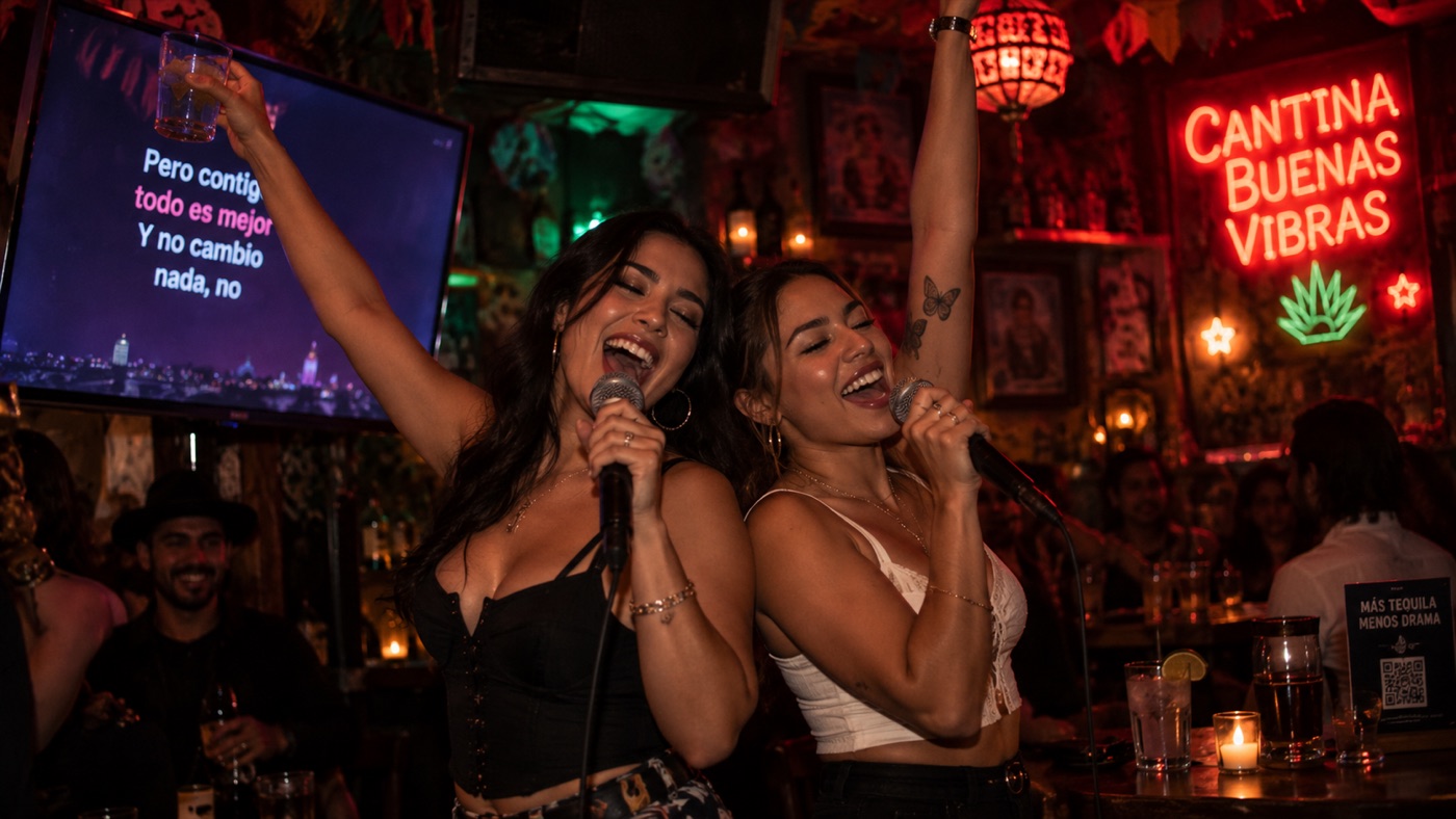 Two guests singing on karaoke night